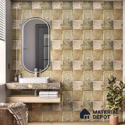 Metallic Wall Tile TL 07236 Rustic Gold 1 ft x 1 ft Ceramic Glossy Finish - 9 mm  | 2 mm Spacer is Mandatory | Suitable For Bathroom, Kitchen, Dining Area | Please Expect a Slight Variation of Pattern (Sample)